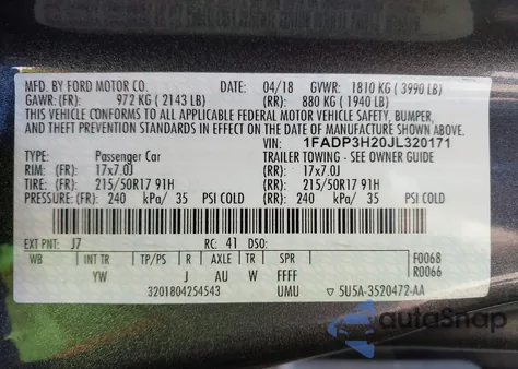 2018 Ford Focus Sel из США, поврежденный, VIN 1FADP3H20JL320171